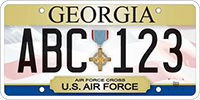 A Georgia veteran's license plate featuring the Air Force Cross medal.