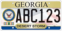 A Georgia veteran's license plate featuring the Desert Storm service ribbon and the US Navy seal. 
