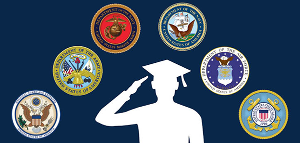 A silhouette wearing a graduation cap and tassel salutes the seals of the United States armed forces.  