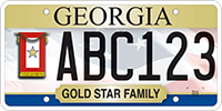 A Georgia veteran's license plate featuring the Gold Star Family banner.