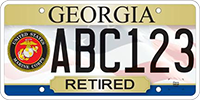 A Georgia veteran's license plate featuring the word Retired and the US Marine Corps seal. 