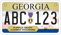 A Georgia veteran's license plate featuring the Purple Heart medal.