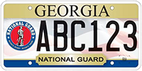 A Georgia veteran's license plate featuring the National Guard seal.